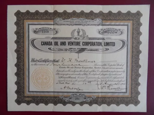 Certificat Nominatif 400 Shares Canada Oil And Venture Corp/