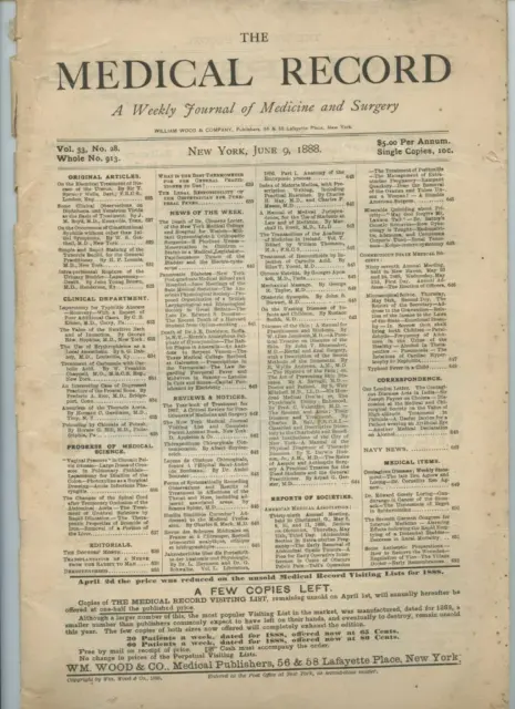 6/9 1888 New York Medical Record Journal Medicine Surgery Doctor Trade Magazine