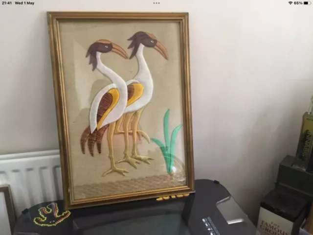 Unusual   Large Oriental Bird Cranes Embroidered Picture Wooden Frame Old