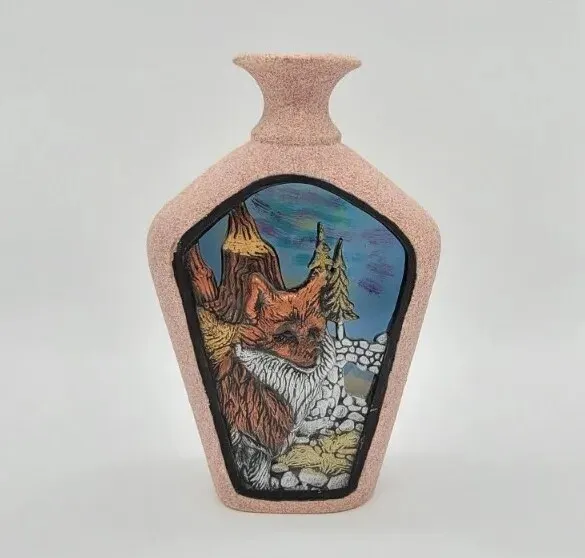 Vintage Arts and Crafts Folk Art Handpainted Fox Lantern Vase Sand Textured 10"
