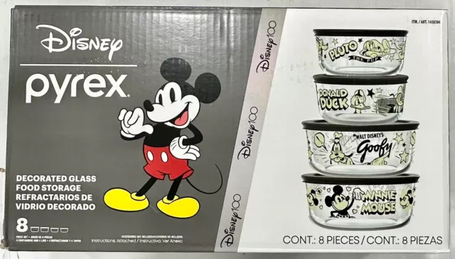 Disney 100 Year Anniversary 8 Pieces Pyrex Glass Food Storage 4 Bowls And 4 Lids