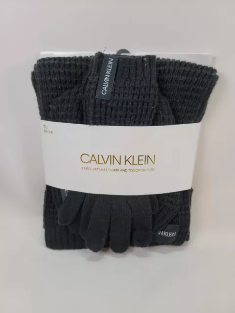 New Woman's Calvin Klein Hat Scarf Touch Gloves Set Waffle Black Msrp $88.00