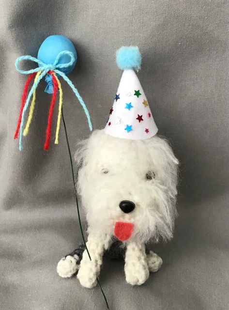Old English Sheepdog  Crochet Party Dog Wearing A Hat And Holding A Blue Ballon