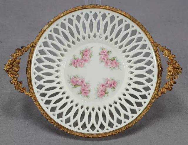 Max Roesler Pink Rose Reticulated & Gilt Ormolo Small Fiance Bowl C. 1894-1910