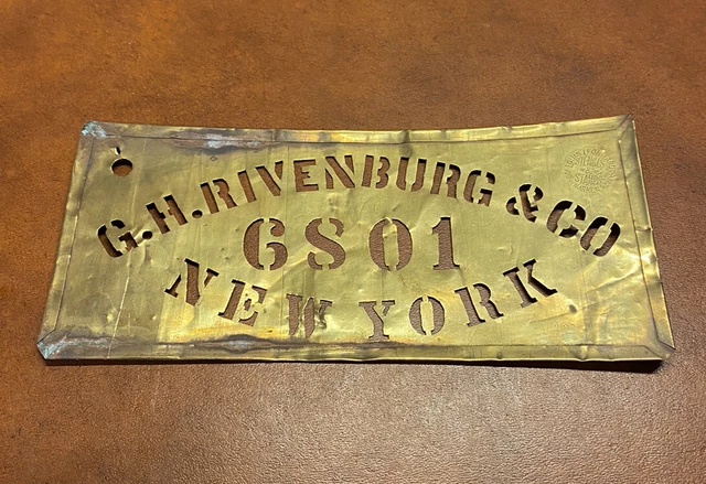 Vintage Antique Brass Crate Stencil GH Rivenburg Co NEW YORK Fruit Liquor Wine
