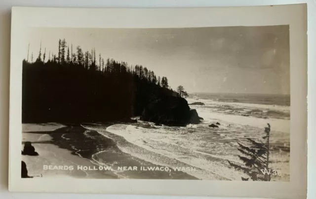 ca 1940s WA RPPC Postcard Near Ilwaco Washington Beards Hollow ocean surf beach
