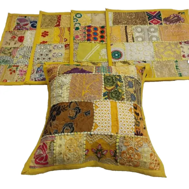 5 pc Yellow Handmade Cushion Covers Patchwork Pillow Covers Hand Embroidered