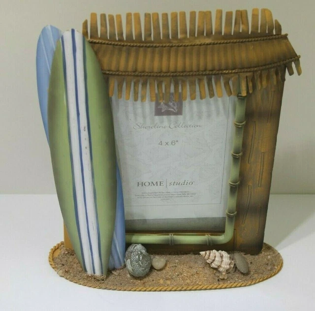Home Studio Shoreline Collection Tin Metal Beach Hut Frame Surfboard Sand Shells