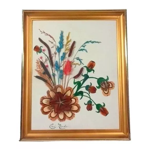 Vintage Mid Century Butterfly  Moth Wing Dried Flower Art Enid Nordeen Framed