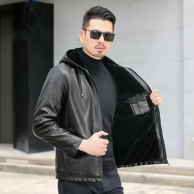 New Mens Fashion Faux Leather Fleece Lined Jacket Winter Warm Hoodie Zipper Coat
