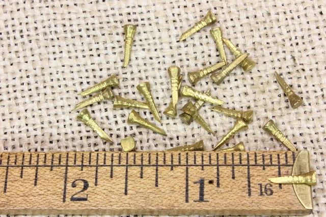 3/8” Old Brass Nails 40 Square Shoe Tacks Round Head Escutcheon Pins Vintage