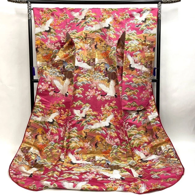 Japanese Kimono Uchikake Luxurious Wedding Embroidery Pure Silk Pink Crane K600