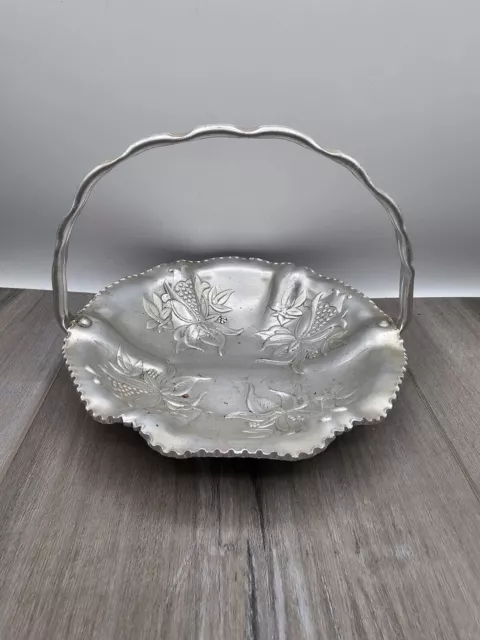 Vintage Farber & Shlevin Hand Wrought Aluminum Basket With Handle Floral Design