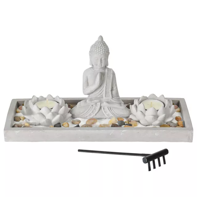 Buddha Figur Zen Garten Set mit Teelichthalter Teelichter Sand Deko Feng Shui