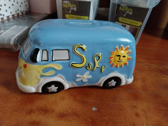 VW Blue Sun Campervan Surf Surfing Ceramic Money Piggy Bank Box Camper Van