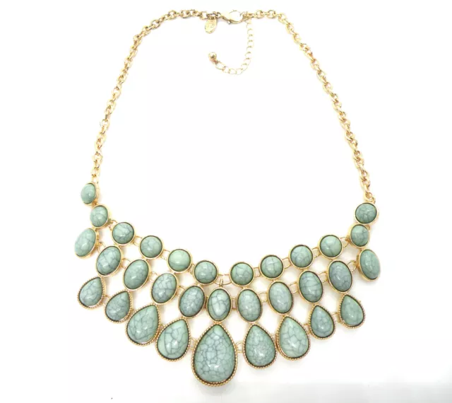 Charming Charlie Teal Bib Collar Marble Effect Resin Gold Tone Necklace