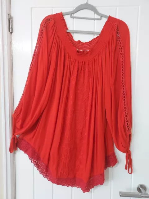 Ladies Long Orange Lace Detail Sleeve Flared Blouse Top Size 22/24