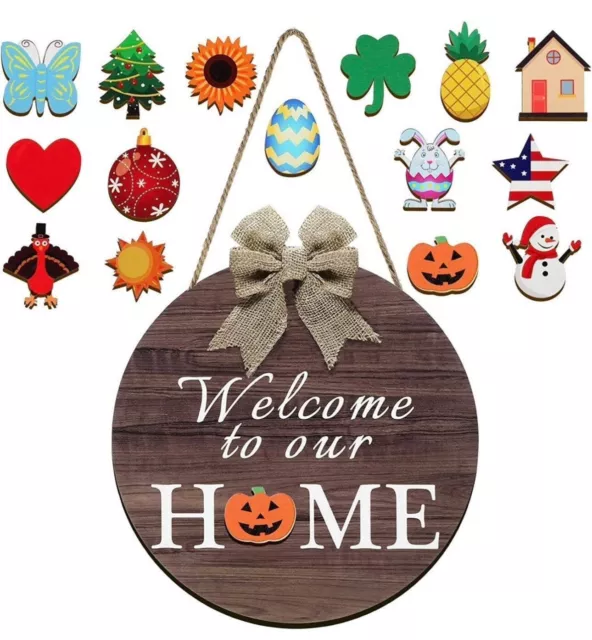 Interchangeable Seasonal Welcome Sign Front Door Decor Rustic Wood