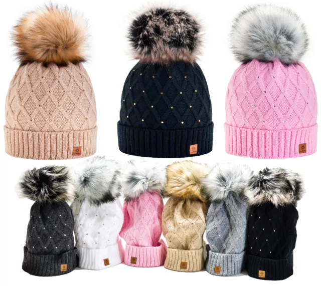 Women Winter Beanie Hat Knitted CRYSTAL Ladies Fashion Large Pom Pom Gifts