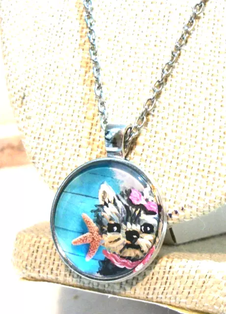 hand painted Yorkie beach pendant necklace silver tone chain