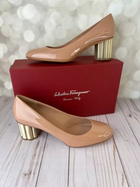 Salvatore Ferragamo Pumps Blush Patent Leather Gold Cylinder-Heel Womens Size 10