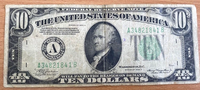 Ten Dollar Bill Series 1934 Green  & 1934 A Lime Seal US Currency