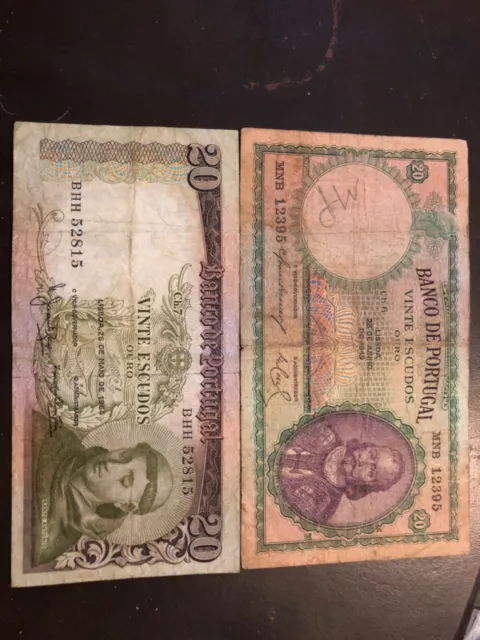 PORTUGAL 2 Note Lot 20 Escudos KEY 1954 & 1964 Circulated Portuguese World Notes