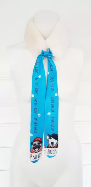 White Blue Unique Dog  Lover Print Design  Soft Faux Fur Quirky Plush Neck Scarf 3