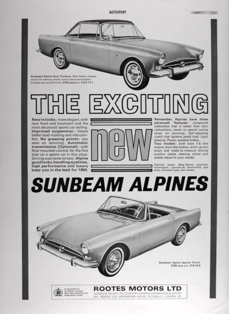 1964 SUNBEAM ALPINE GT & SPORTS TOURER Genuine UK Ad ~ FREE SHIPPING!