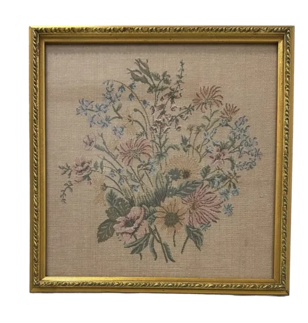 Vintage Handmade Floral Needlepoint Framed Wall Art Wild Flowers 13.25 x 13.25