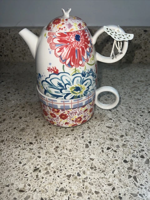 Anthropologie Porcelain Tea for Two Teapot & Mug Floral Butterfly