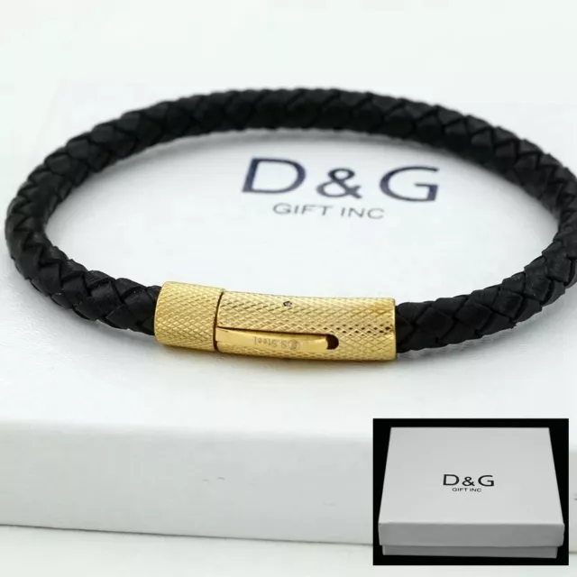DG Men's Stainless Steel 8" Black Braided Leather Bracelet*Gold plated,BOX