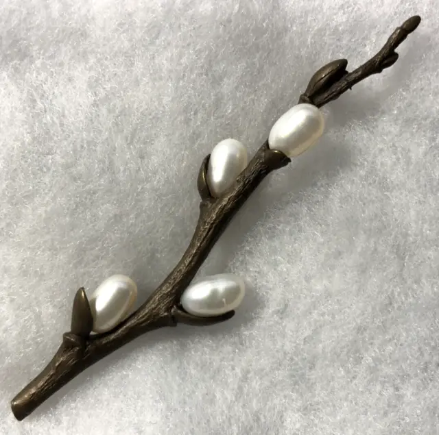 Genuine Michael Michaud Pussy Willow Brooch Bronze brown patina freshwater pearl