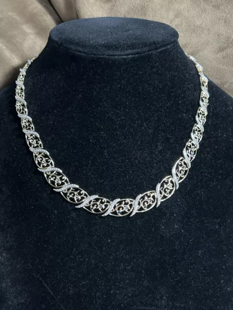 Modern Gold 925 Sterling Silver Sapphire Diamond Accent Floral Necklace 18” 31g