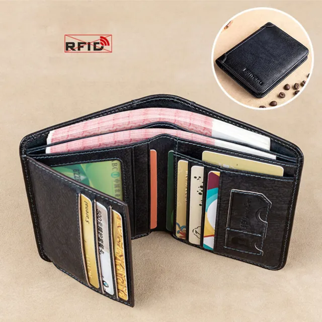 Genuine Leather Men Bifold/Trifold Wallet RFID Blocking Credit card Holder Retro 4
