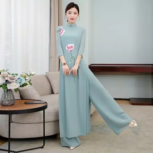 Set Cheongsam Aodai Vietnam Qipao Abito Orientale Stampa Floreale Top Festa + Pantaloni