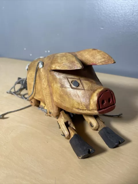 NICE! Vintage Hand Carved Wood Pig Marionette String Puppet Folk Art