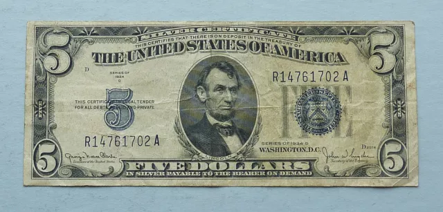 1934 D ~ $5.00 Silver Certificate Note ~ Very Good Condition