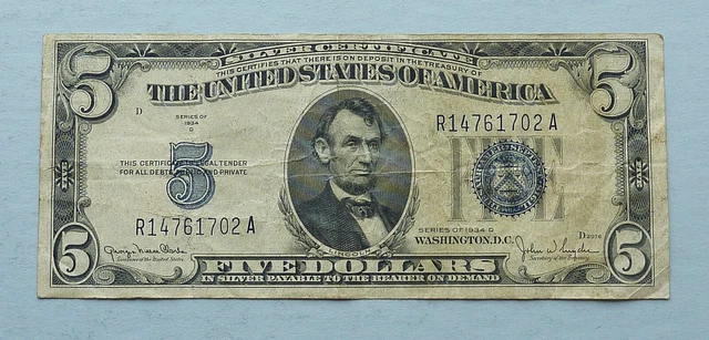 1934 D ~ $5.00 Silver Certificate Note ~ Very Good Condition