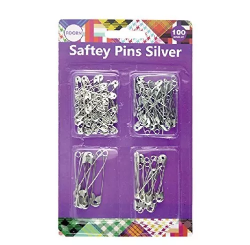 Adorn 100 Assorted Safety Pins Small Medium Large Metal Sewing Box - Safety Pins