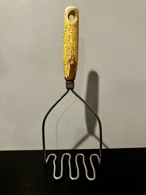 Antique Farmhouse Utensil Potato Masher Wood Handle Great Yellow Patina- B2