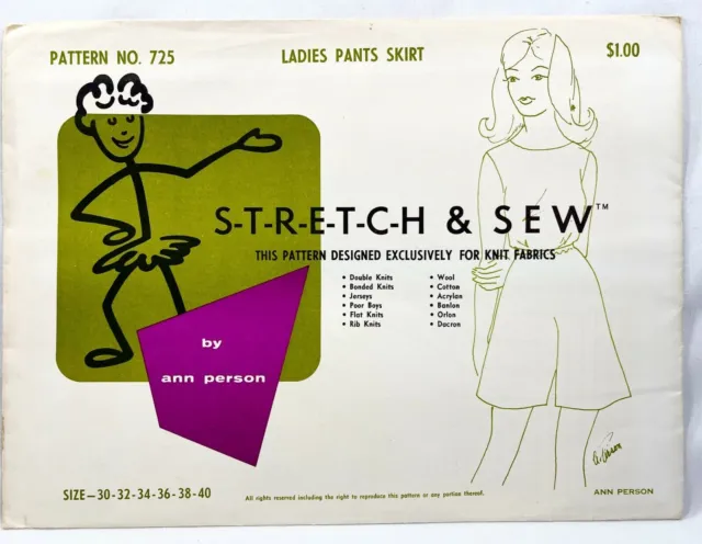 Falda pantalón para mujer Stretch & Sew 1967 patrón de costura 725 talla 30-40 vintage 11558