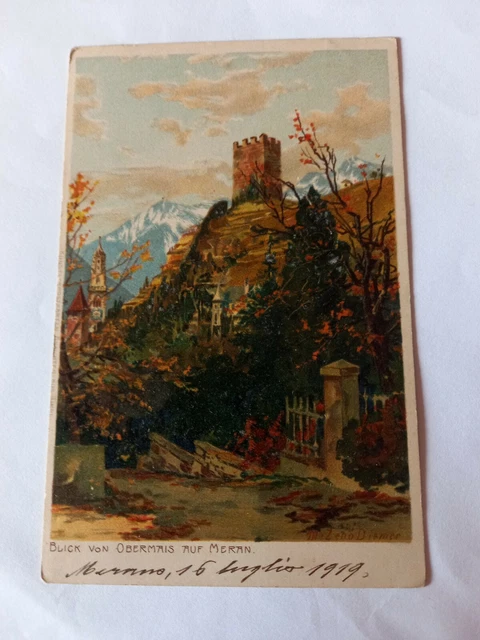 cartolina formato piccolo Merano Meran blick von obermais 1919