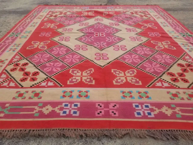 Fine Vintage Traditional Hand Made Oriental Wool Red Kilim 7.3x6.5ft