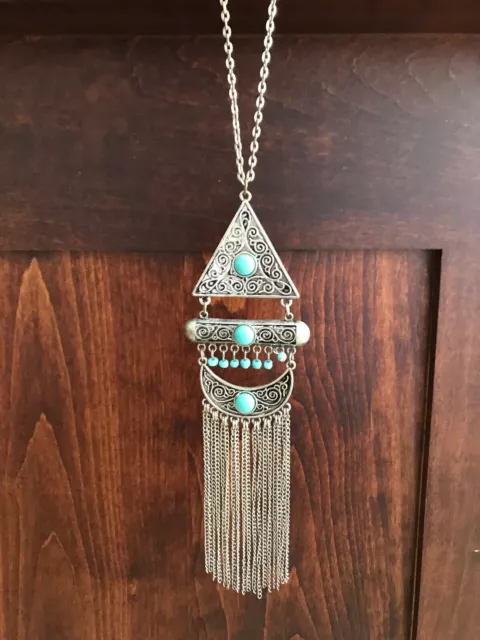 Silver (not Real) Turquoise Long Pendant Aztec Indian Style Necklace