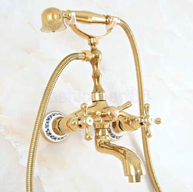 Wall Mount Claw-foot Bathtub Faucet Tub Filler Handheld Shower Gold Brass fna806