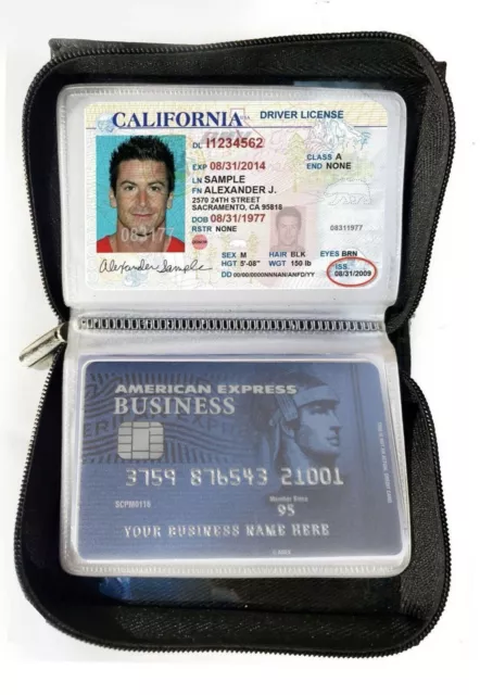 RFID Black Leather Business Card Organizer Plastic Insert Zip Wallet Organizer