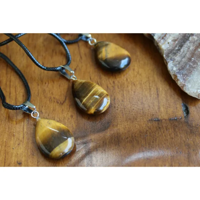 Tigers Eye Polished Water Drop Teardrop Natural Stone Necklace Black Wax Cord