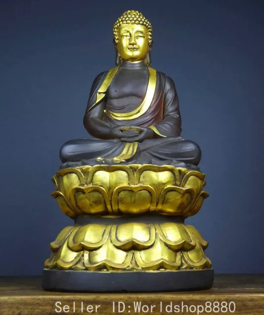 11.6" Ancient China Liuli Glass Gilt Shakyamuni Amitabha Buddha Statue Sculpture