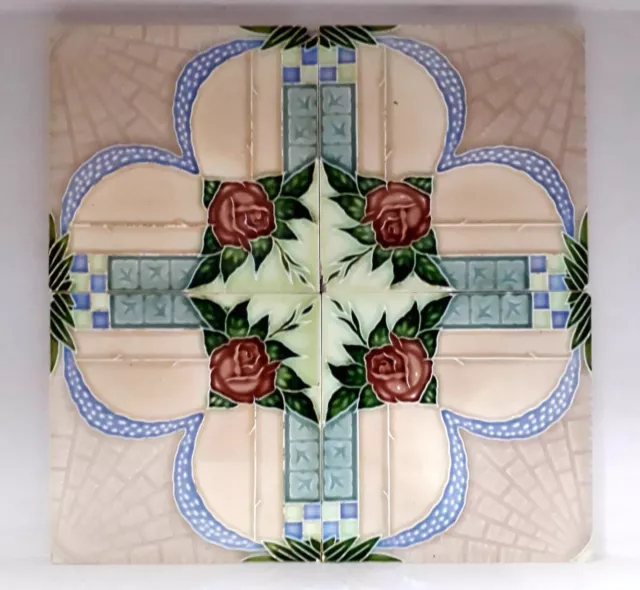4Pc Vintage Majolica Decorative Rose Flower Art Nouveau Architecture Tiles,Japan